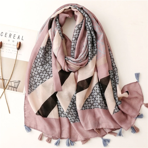 Large Fashion Scarf Shawl Wrap Geometric Color Block Pattern Soft Polyester Cotton Linen Feel With Tassels For Women