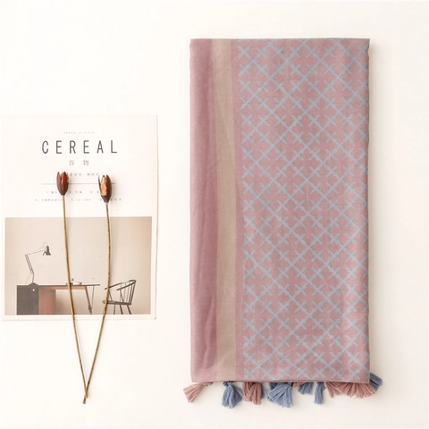 Large Fashion Scarf Shawl Wrap Geometric Color Block Pattern Soft Polyester Cotton Linen Feel With Tassels For Women