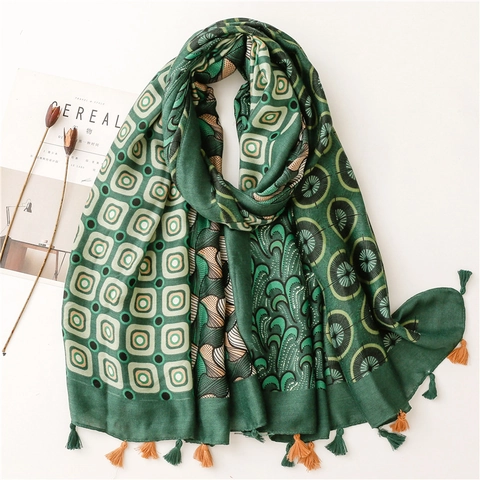 Bohemian Geometric Patchwork Print Long Scarf Shawl For Women Retro Ethnic Polyester Wrap With Tassels