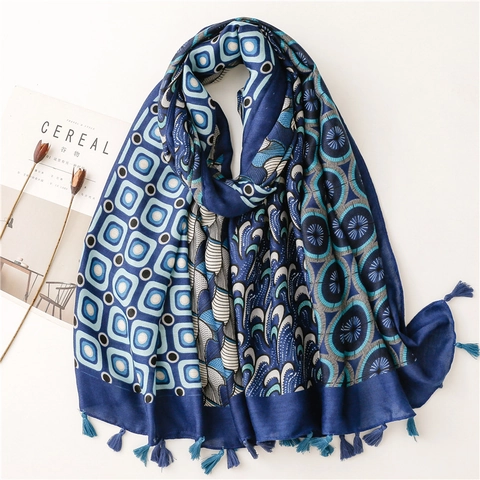 Bohemian Geometric Patchwork Print Long Scarf Shawl For Women Retro Ethnic Polyester Wrap With Tassels