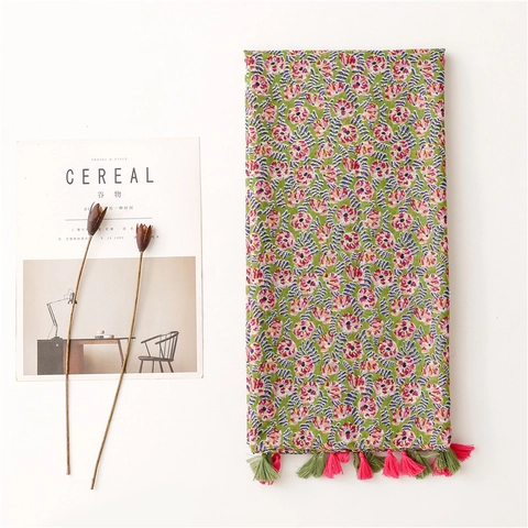 Women Floral Print Scarf With Tassels Bohemian Lightweight Polyester Voile Shawl Sunshade Long Wraps