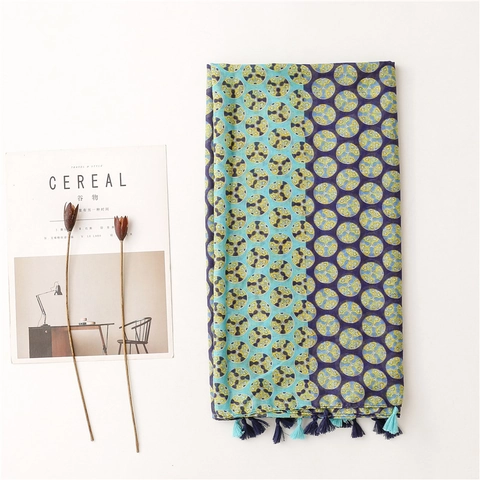 Polyester Voile Scarf Shawl With Geometric Mandala Print And Tassel Fringe Japanese Style Sun Protection For Women
