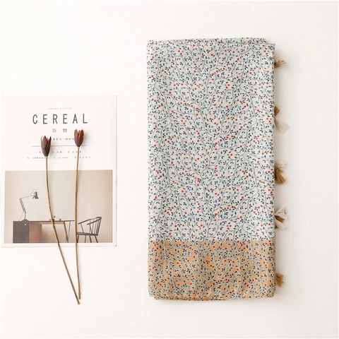 Floral Printed Scarf Shawl For Women Long Polyester Voile Cotton Linen Feel With Tassel Trim Sunshade Fresh Style Large Wraps