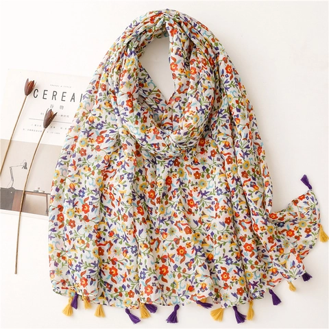Sciarpa Stampa Floreale Voile Poliestere Leggero Nappine Protezione Solare Stile Boho Donna Lungo