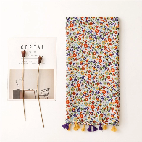 Sciarpa Stampa Floreale Voile Poliestere Leggero Nappine Protezione Solare Stile Boho Donna Lungo