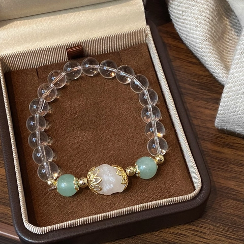Pulsera de Cuentas de Cristal Blanco Con Calcedonia Verde Piedra en Bruto Espaciadores de Metal Dorado Joyería Estilo Chino