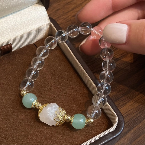 Pulsera de Cuentas de Cristal Blanco Con Calcedonia Verde Piedra en Bruto Espaciadores de Metal Dorado Joyería Estilo Chino