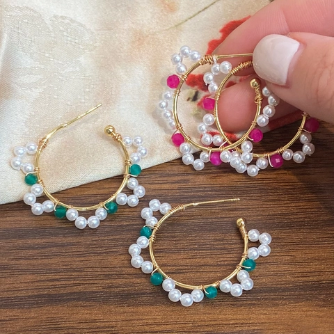 Pendientes De Aro Geométricos Alambre De Cobre Dorado Tejido A Mano Con Perlas Artificiales Y Cristales Joyería Redonda Retro Para Mujeres