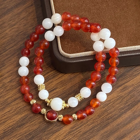 Braccialetti Di Perline In Agata Rossa E Calcedonio Bianco Stile Cinese Elegante Gioielli Artigianali Per Donne