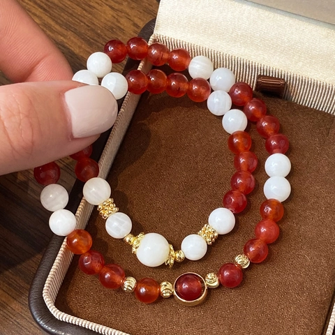 Braccialetti Di Perline In Agata Rossa E Calcedonio Bianco Stile Cinese Elegante Gioielli Artigianali Per Donne