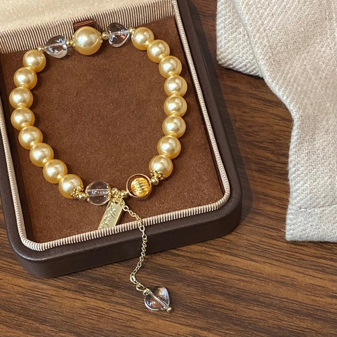 Bracciale Di Künstliche Perle Dorate Da Donna Con Cristallo A Cuore Trasparente Catena Di Estensione Regolabile In Rame Gioielli