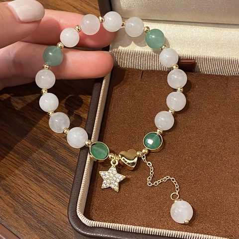 Pulsera De Cuentas Piedra Natural Dijes De Corazón Y Estrella Strass Chapado En Oro 14k Joyas Para Mujer