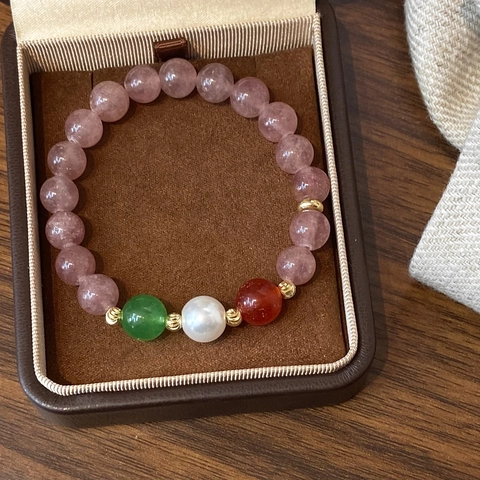 Strawberry Quartz Beaded Bracelet Natural Stone With Artificial Pearl Agate Chalcedony Gold Plated Copper Jewelry Women