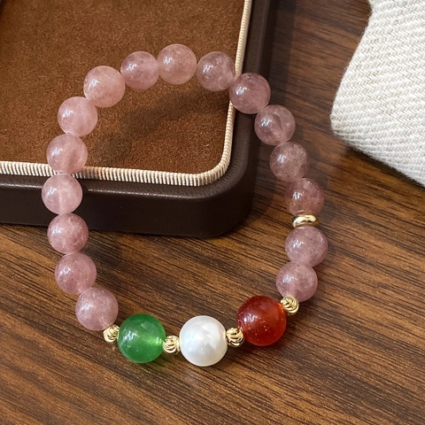 Strawberry Quartz Beaded Bracelet Natural Stone With Artificial Pearl Agate Chalcedony Gold Plated Copper Jewelry Women