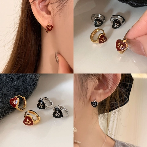 Heart Huggie Earrings With Bow Accent Copper Enamel Retro Exquisite For Women