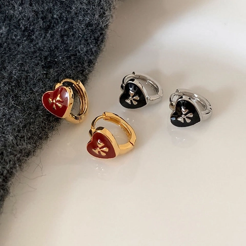 Heart Huggie Earrings With Bow Accent Copper Enamel Retro Exquisite For Women