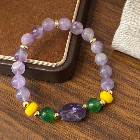 Bracelet Perles Améthyste Naturelle Et Calcédoine Verte Avec Pierre Brute Irrégulière Style Chinois Vintage Femmes