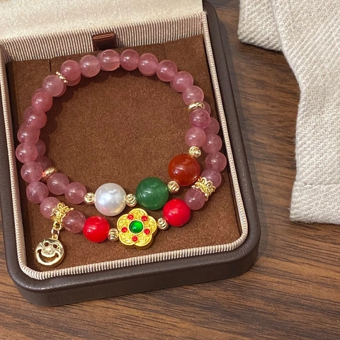 Bracciale Doppio Strato Con Perline In Cristallo Di Fragola E Agata Rossa Con Ciondolo Fiore Perla Artificial Stile Etnico Donne