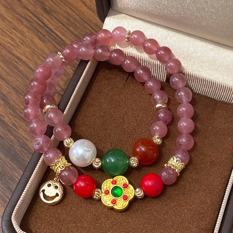 Bracciale Doppio Strato Con Perline In Cristallo Di Fragola E Agata Rossa Con Ciondolo Fiore Perla Artificial Stile Etnico Donne