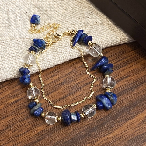 Bohemian Zweilagiges Armband Natur Lapislazuli Bruchstein Transparente Kristallperlen Gold Vergoldetes Kupfer Handgemacht Damen