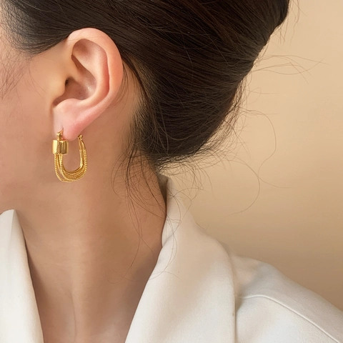 Pendientes De Aro En Forma De U Geométricos Retro Franceses Cobre Chapado En Oro De 18K Flecos De Cadena Joyería Elegante