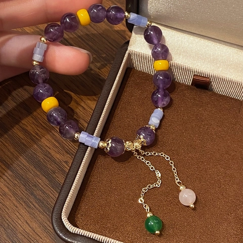 New Chinese Style Beaded Bracelet Amethyst Green Chalcedony Copper Gold Plated Handcrafted Tassel Luxury Jewelry For Women