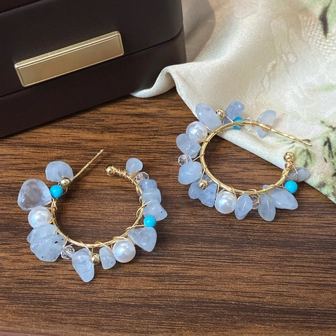 Crystal Artificial Pearl Earrings With 925 Sterling Silver Earring Post Handmade Wire Wrap Hoop Vintage Jewelry For Women