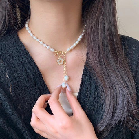 Natural Freshwater Pearl Necklace With Mother Of Pearl Flower Pendant Golden Toggle Clasp Tassel Fringe For Women