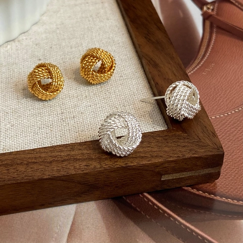 Pendientes De Botón De Cuerda Trenzada Vintage Cobre Chapado En Oro Nudo De Círculo Geométrico Joyas Mujer