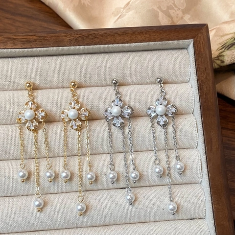 Pendientes De Borla Larga Con Perlas Artificiales Elegante Diseño Floral Circón Aleación Para Mujer Con Poste De Cobre