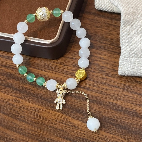 Natural Stone Beaded Bracelet With Copper Zircon Bear Pendant And Artificial Pearl Fashion Ins Style Jewelry For Women