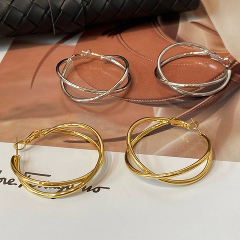Verflochtene Zweischichtige Creolen Kupfer Vergoldet Versilbert Minimalistisch Nische Luxus Großer Kreis Schmuck Für Frauen
