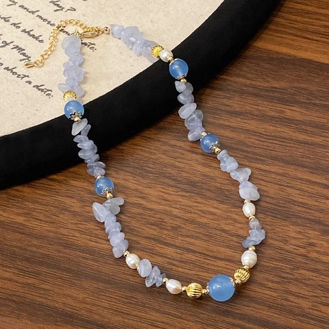 Collana E Bracciale Con Pietra Naturale Blu Irregolare Perla Artificial Bianca Rame Placcato Oro 14K Gioielli Eleganti