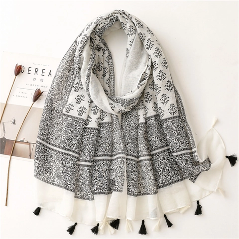 Bohemian Floral Print Scarf Shawl For Women Light Breathable Polyester Voile Long Wrap With Tassel Fringe Vintage Style