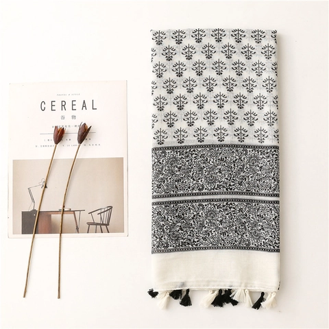 Bohemian Floral Print Scarf Shawl For Women Light Breathable Polyester Voile Long Wrap With Tassel Fringe Vintage Style