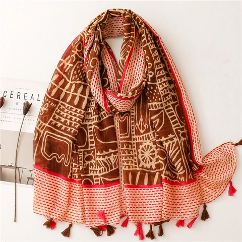 Bohemian Ethnic Print Scarf Polyester Voile Large Shawl With Tassels Retro Tribal Sun Protection Wrap Accessory Women