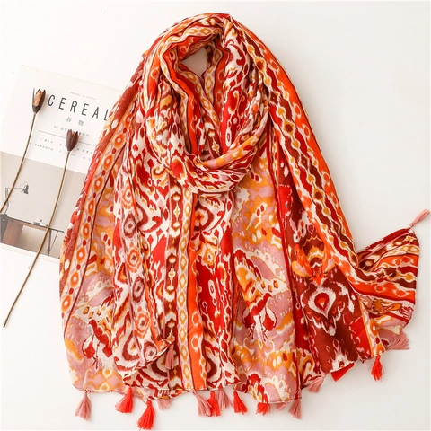 Bohemian Ethnic Geometric Print Scarf Shawl Long Polyester Tassel Retro Exotic Style For Women Accessories