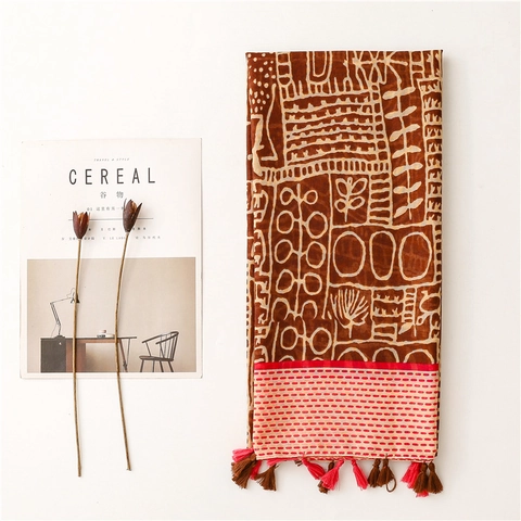 Bohemian Ethnic Print Scarf Polyester Voile Large Shawl With Tassels Retro Tribal Sun Protection Wrap Accessory Women