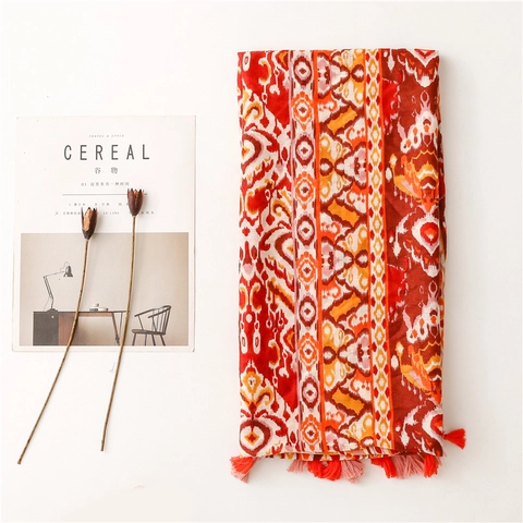 Bohemian Ethnic Geometric Print Scarf Shawl Long Polyester Tassel Retro Exotic Style For Women Accessories