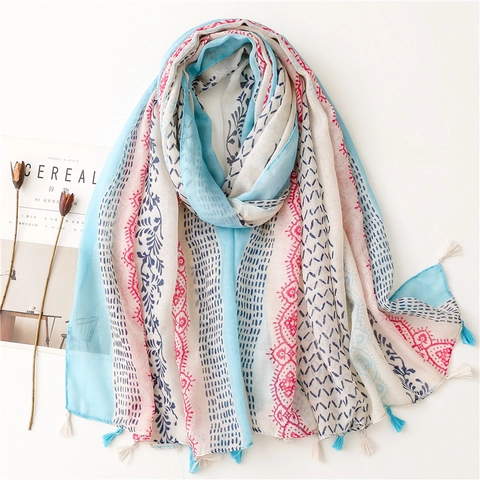 Floral Print Scarf Lightweight Polyester Voile Shawl Wrap With Tassel Trim Elegant Long Neck Kerchief For Women