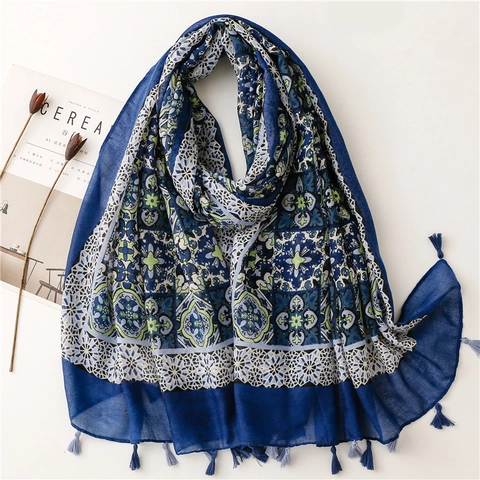 Ethnic Bohemian Floral Print Voile Scarf For Women Polyester Lightweight Long Shawl With Tassels Elegant Neck Wrap