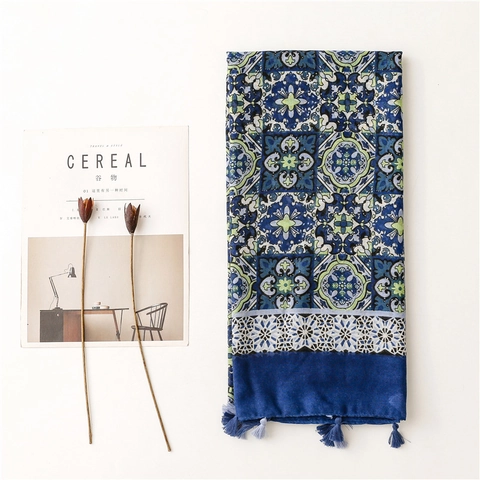 Ethnic Bohemian Floral Print Voile Scarf For Women Polyester Lightweight Long Shawl With Tassels Elegant Neck Wrap