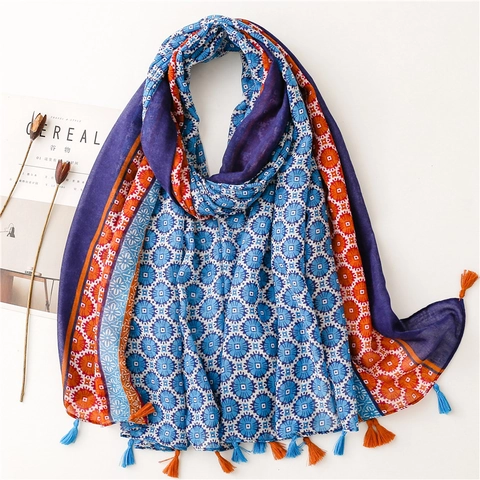 Bohemian Print Scarf Shawl For Women Bali Yarn Polyester Floral Geometric Pattern With Tassels Travel Sun Protection