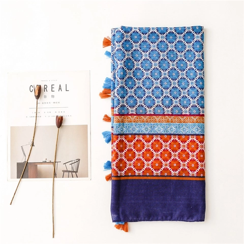 Bohemian Print Scarf Shawl For Women Bali Yarn Polyester Floral Geometric Pattern With Tassels Travel Sun Protection