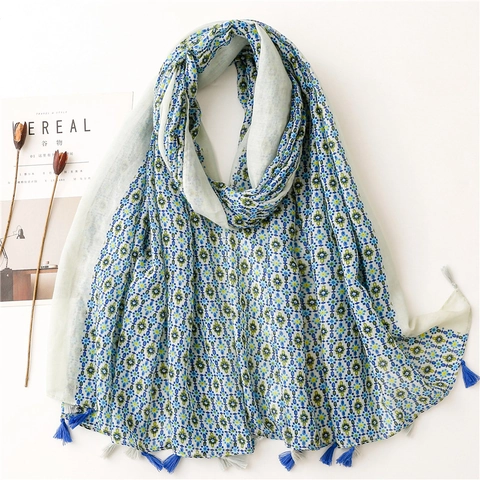Bohemian Floral Print Scarf Polyester Voile Shawl With Tassels Sun Protection Lightweight Ethnic Style For Women