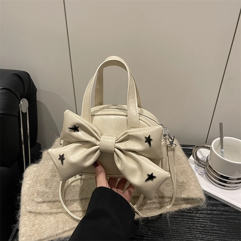 Women Cute Bow PU Leather Handbag Fashionable Star Rivet Small Square Shoulder Crossbody Bag For Daily Commuting