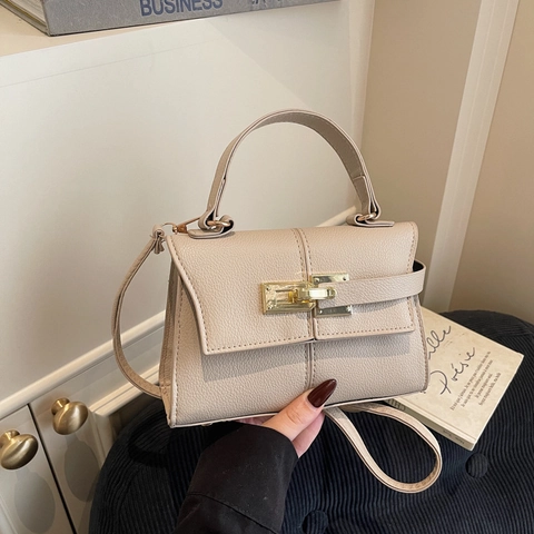 Women Trapezoidal Top Handle Bag Lychee Texture PU Leather Golden Metal Lock Flap Shoulder Crossbody Handbag Elegant Minimalist