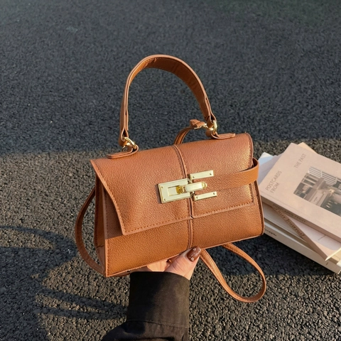 Women PU Leather Litchi Texture Shoulder Bag Solid Color Metal Lock Stitching Crossbody Handbag Casual Square Bag For Daily