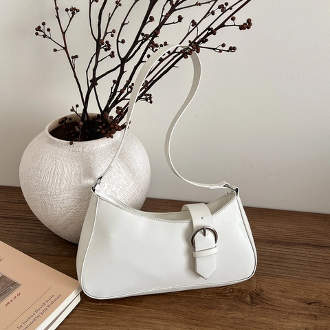 Women Underarm Shoulder Bag PU Leather Retro Baguette Bag With Silver Metal Buckle Minimalist Commuter Bag