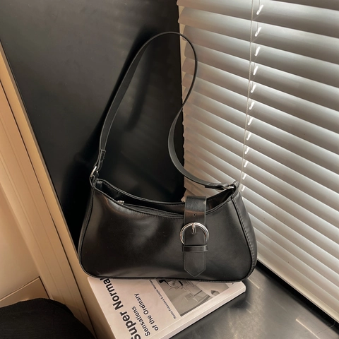 Bolso de Axila de Cuero de PU Vintage para Mujer Minimalista Color Sólido Bolso de Hombro Con Hebilla de Plata Elegante